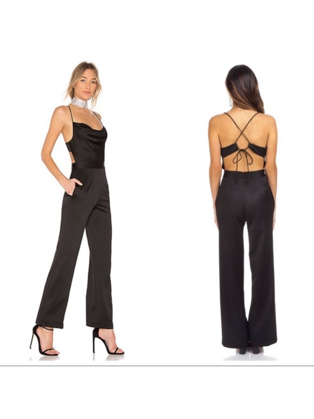 NBD Diem black strappy satin back jumpsuit